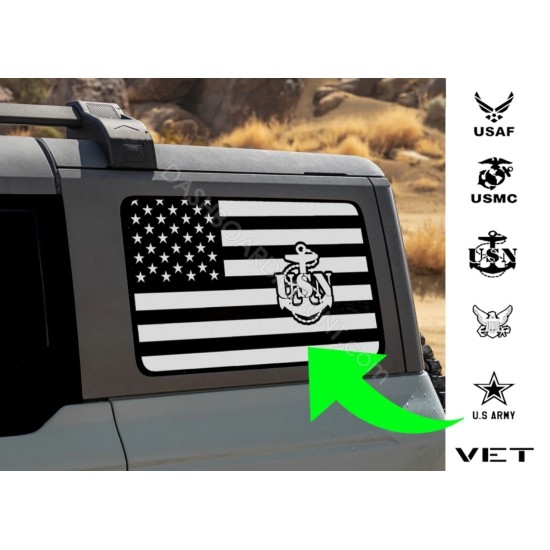 Military Branches in American Flag window decal for Quarter panel window of Ford Bronco 6G