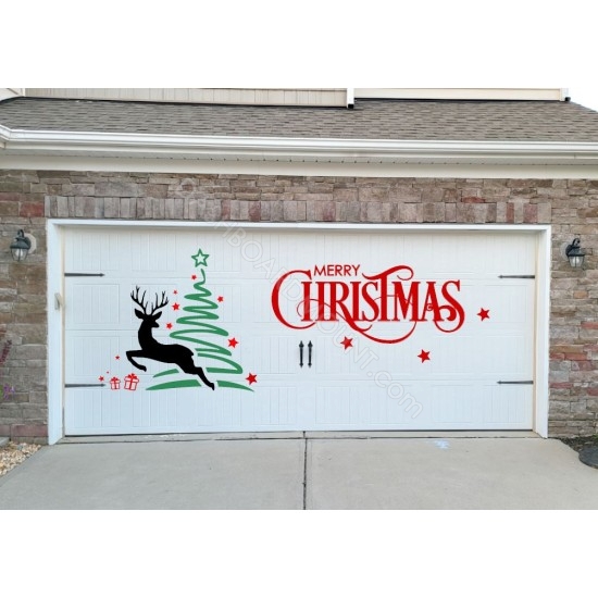 Merry Christmas sign + Tree + reindeer garage door decal - V1