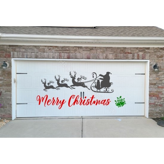 Merry Christmas sign +Bells + reindeer garage door decal - V3