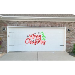 Merry Christmas sign, tree, flakes garage door decal - V5