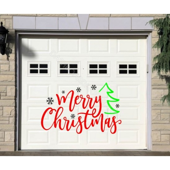 Merry Christmas sign, tree, flakes garage door decal - V7